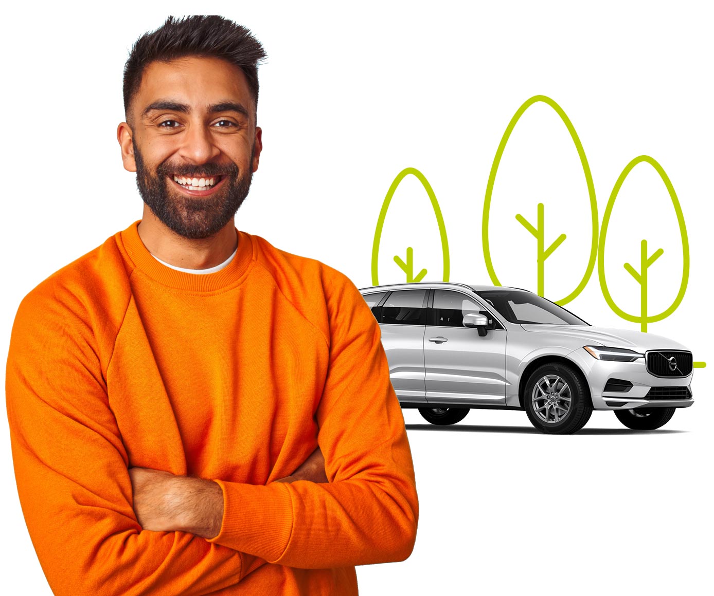 Smiling young asian man in orange sweater happy he bought temporary car insurance. Silver Volvo in background.